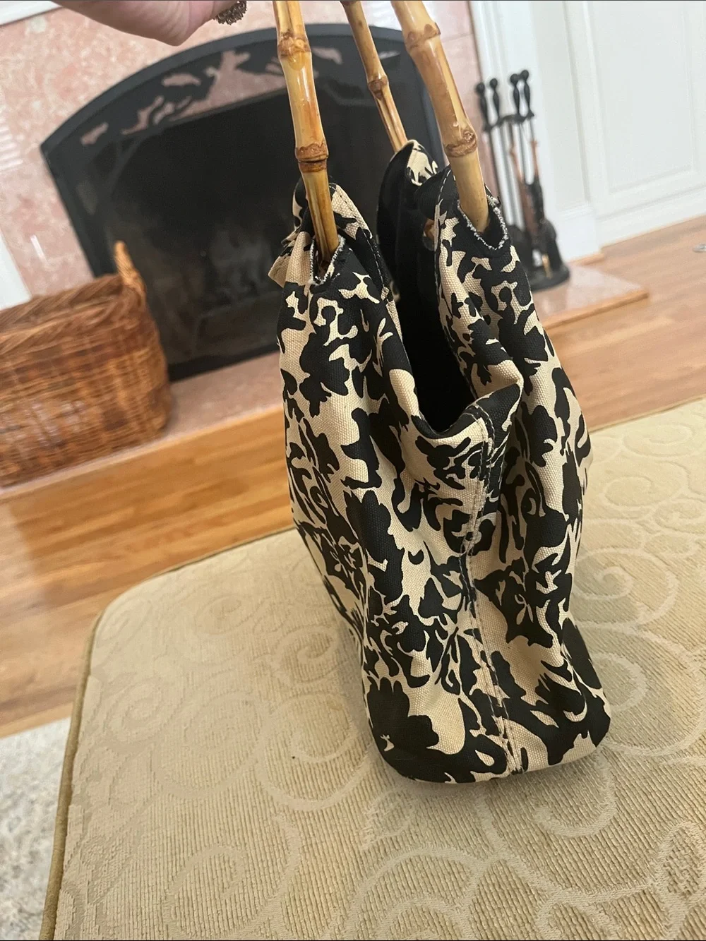 Black and Cream Floral Bamboo-Handle Tote Bag/Purse 100% Cotton